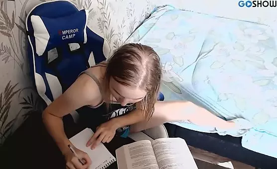 Nerdy Girl Studying Topless  Excited by Schoolwork